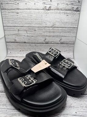 Christian Di Riccio Black Double Buckle Platform Slide Sandals 8 NWT